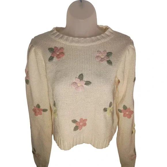 jessica simpson cottage pink purple yellow floral embroidery long sleeve Sweater - Picture 8 of 11
